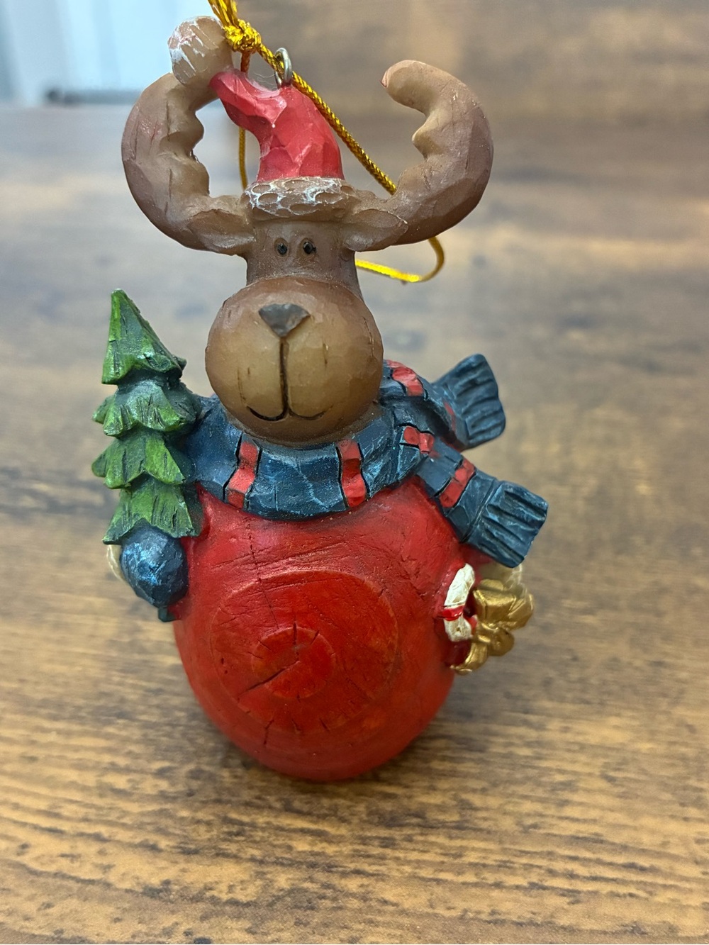 Red Moose Christmas Ornament with Scarf and Tree